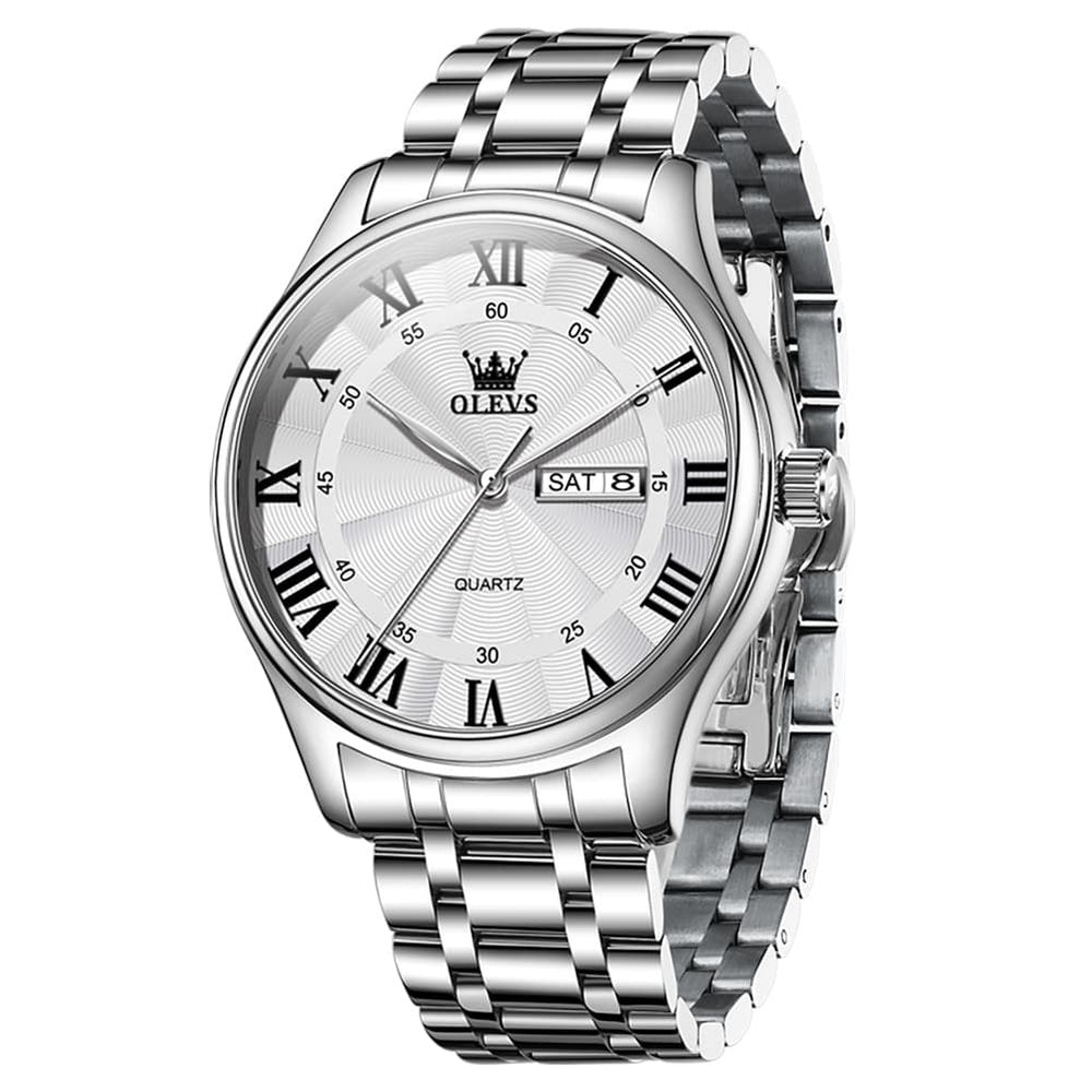 OLEVS 3663 Rosebud Roman Dial Day Date Quartz Watch For Men - Silver Blue Watch | Olevs Watch Store