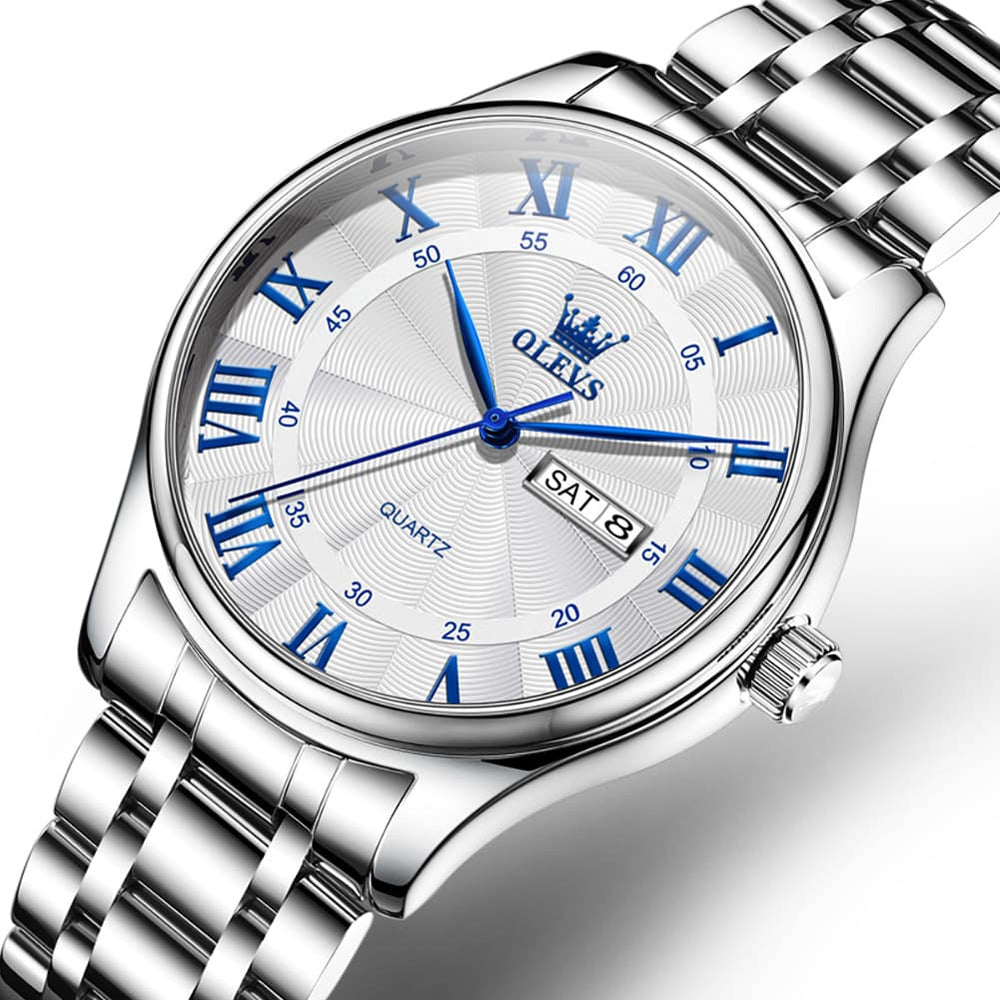 OLEVS 3663 Rosebud Roman Dial Day Date Quartz Watch For Men - Silver Blue Watch | Olevs Watch Store