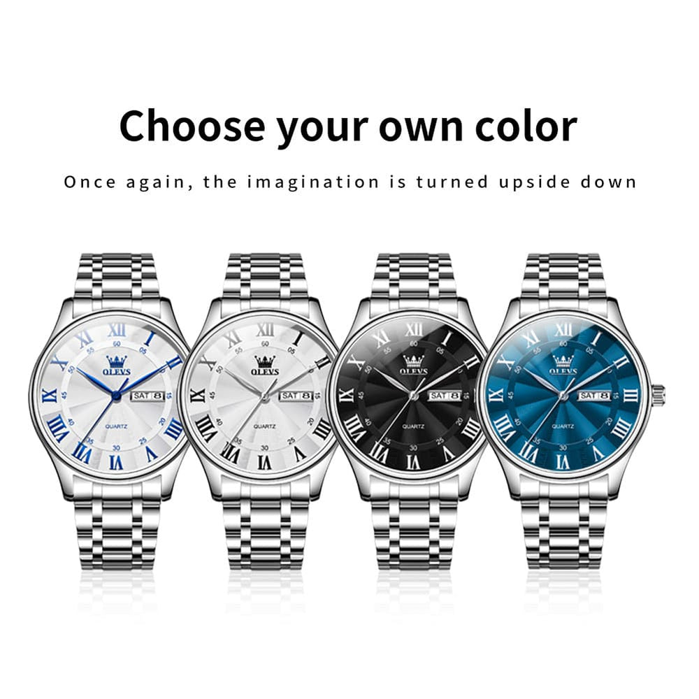 OLEVS 3663 Rosebud Roman Dial Day Date Quartz Watch For Men - Silver Blue Watch | Olevs Watch Store