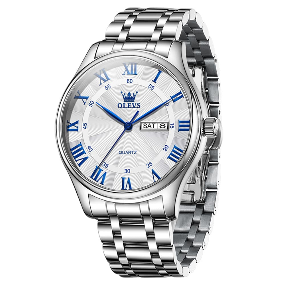 OLEVS 3663 Rosebud Roman Dial Day Date Quartz Watch For Men - Silver Blue Watch | Olevs Watch Store