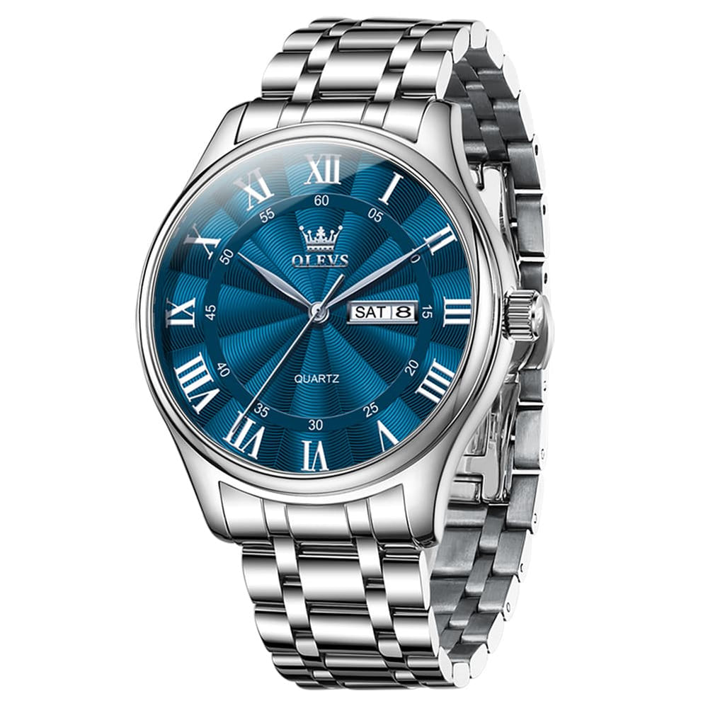 OLEVS 3663 Rosebud Roman Dial Day Date Quartz Watch For Men - Silver Blue Watch | Olevs Watch Store