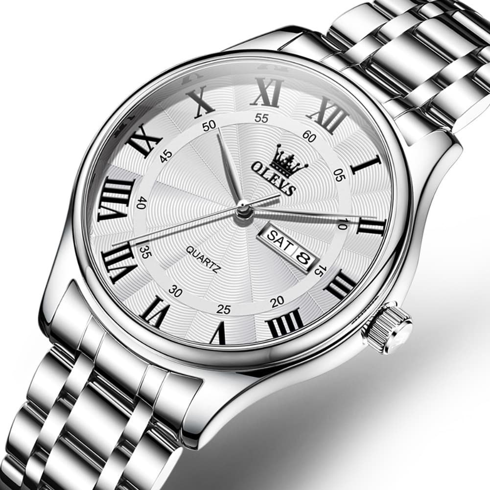 OLEVS 3663 Rosebud Roman Dial Day Date Quartz Watch For Men - Silver Blue Watch | Olevs Watch Store