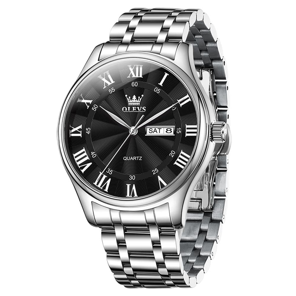OLEVS 3663 Rosebud Roman Dial Day Date Quartz Watch For Men - Silver Blue Watch | Olevs Watch Store
