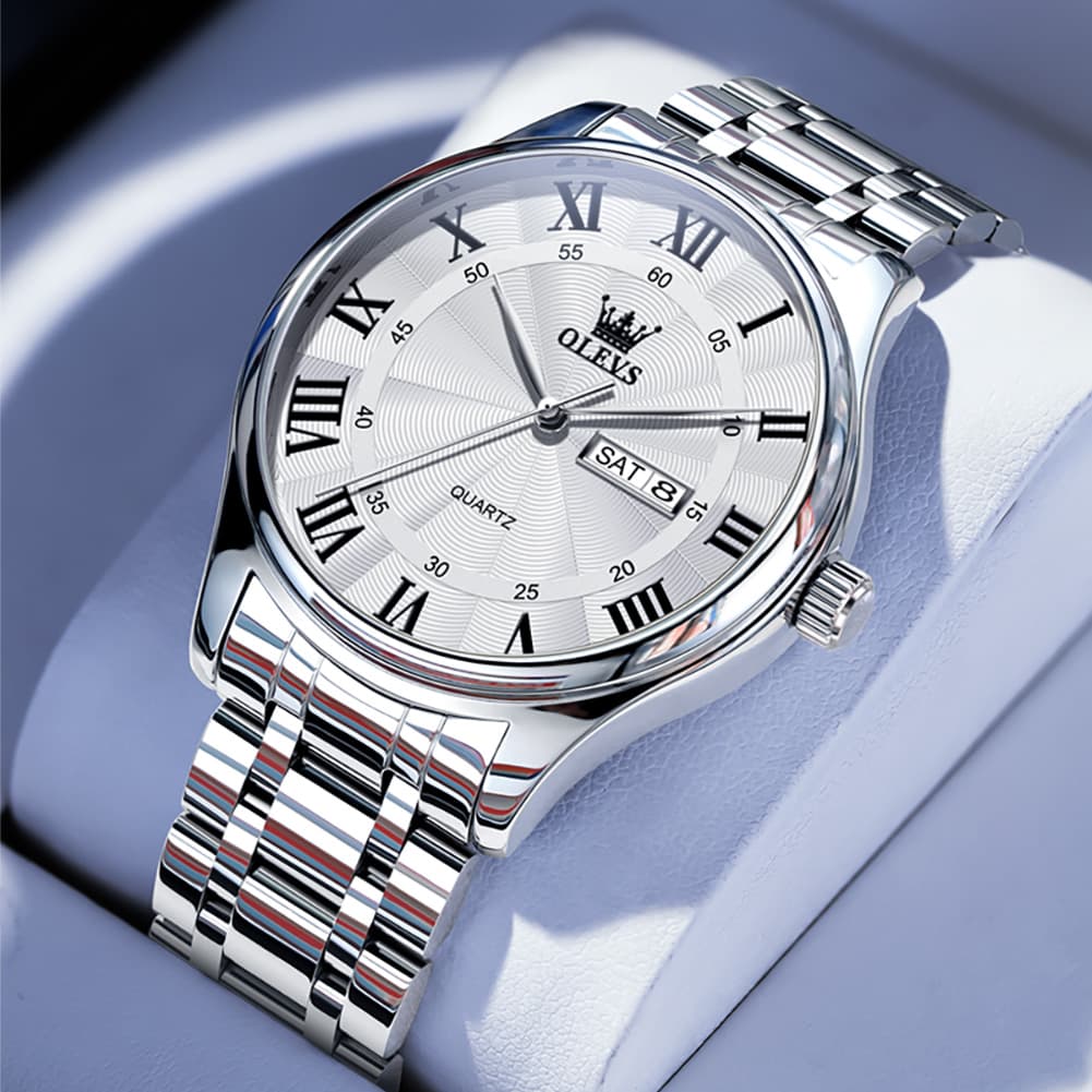 OLEVS 3663 Rosebud Roman Dial Day Date Quartz Watch For Men - Silver White Black Watch | Olevs Watch Store