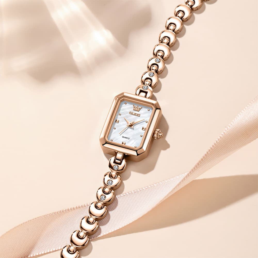 OLEVS 3665 Rectangular Mother of Pearl Jewelry Bracelet Watch For Women - Silver Pink Watch | Olevs Watch Store