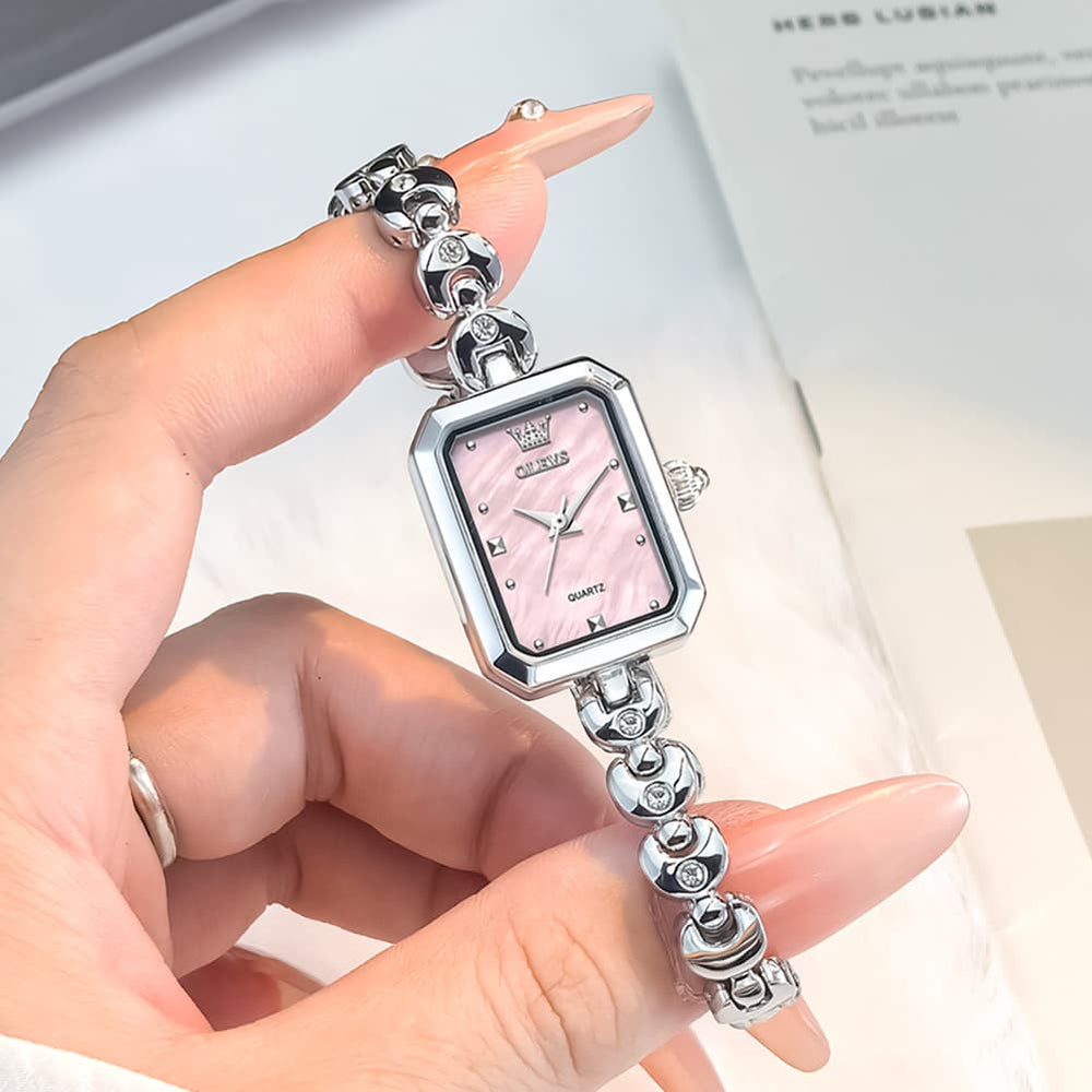OLEVS 3665 Rectangular Mother of Pearl Jewelry Bracelet Watch For Women - Silver Pink Watch | Olevs Watch Store