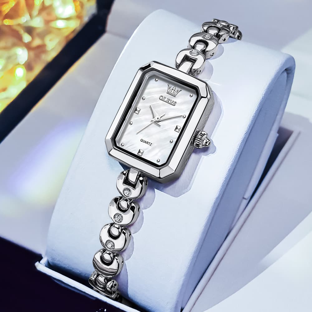 OLEVS 3665 Rectangular Mother of Pearl Jewelry Bracelet Watch For Women - Silver Pink Watch | Olevs Watch Store