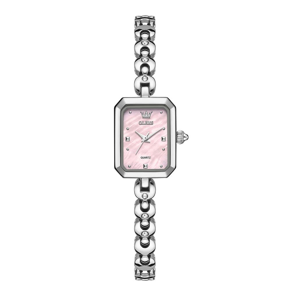OLEVS 3665 Rectangular Mother of Pearl Jewelry Bracelet Watch For Women - Silver Pink Watch | Olevs Watch Store