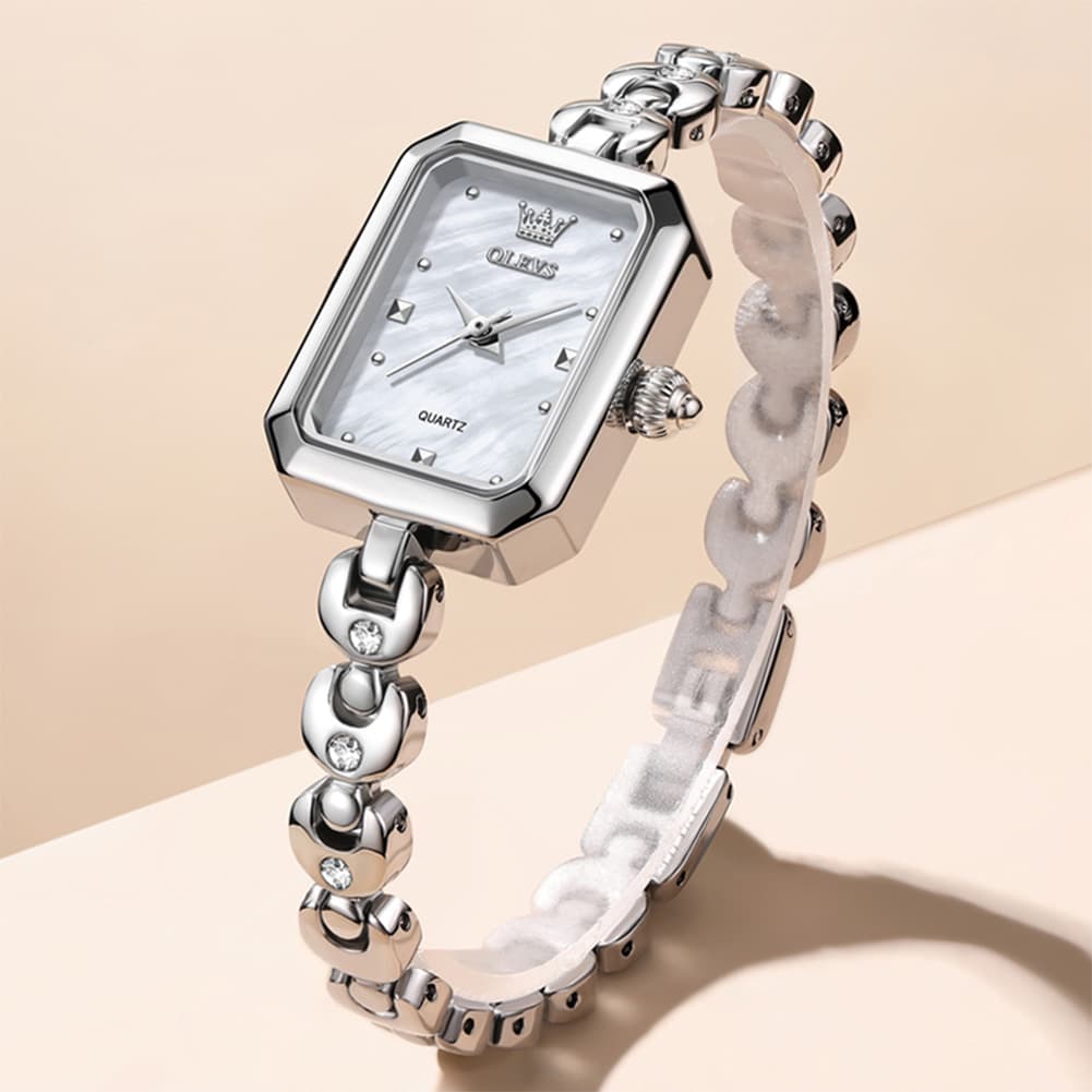 OLEVS 3665 Rectangular Mother of Pearl Jewelry Bracelet Watch For Women - Silver Pink Watch | Olevs Watch Store