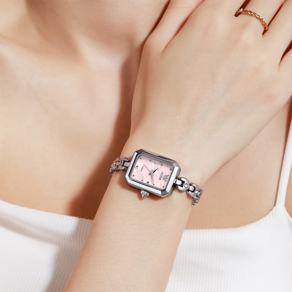 OLEVS 3665 Rectangular Mother of Pearl Jewelry Bracelet Watch For Women - Silver Pink Watch | Olevs Watch Store