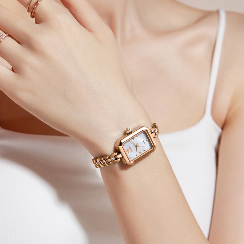OLEVS 3665 Rectangular Mother of Pearl Jewelry Bracelet Watch For Women - Silver Pink Watch | Olevs Watch Store