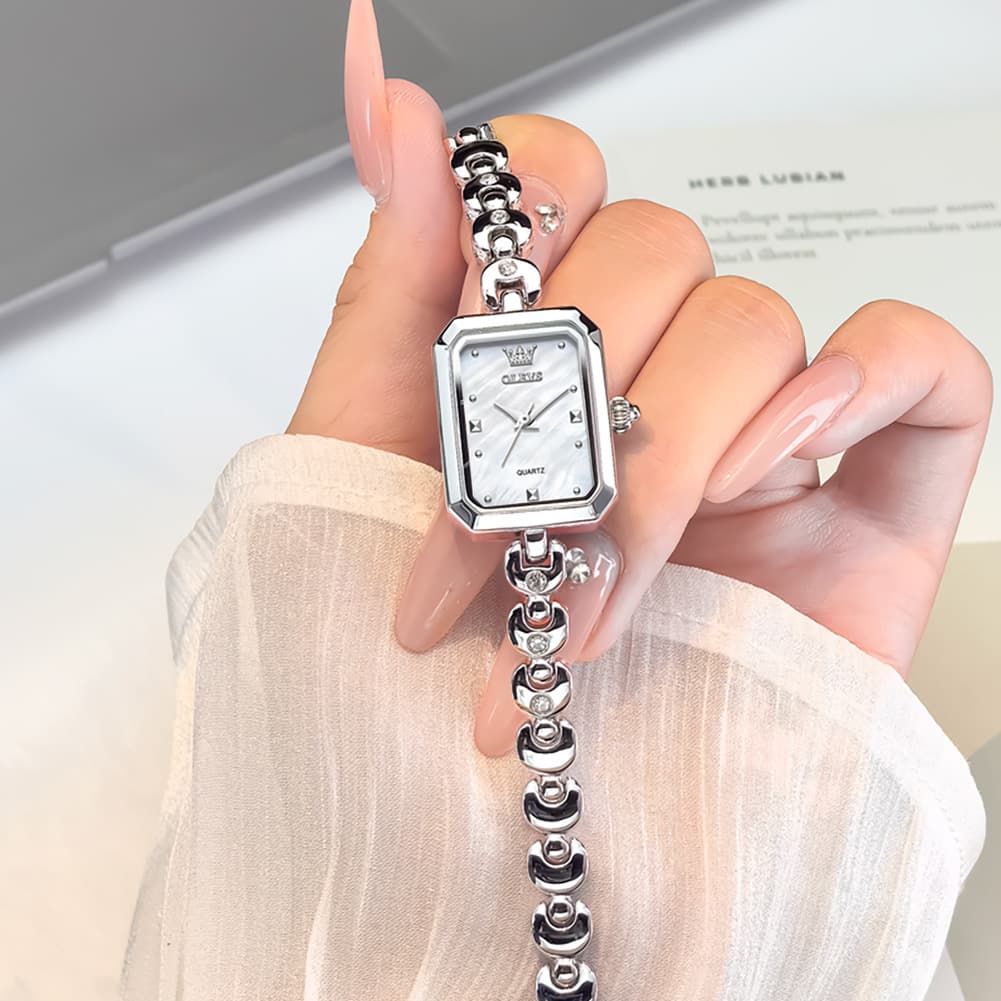 OLEVS 3665 Rectangular Mother of Pearl Jewelry Bracelet Watch For Women - Silver Pink Watch | Olevs Watch Store