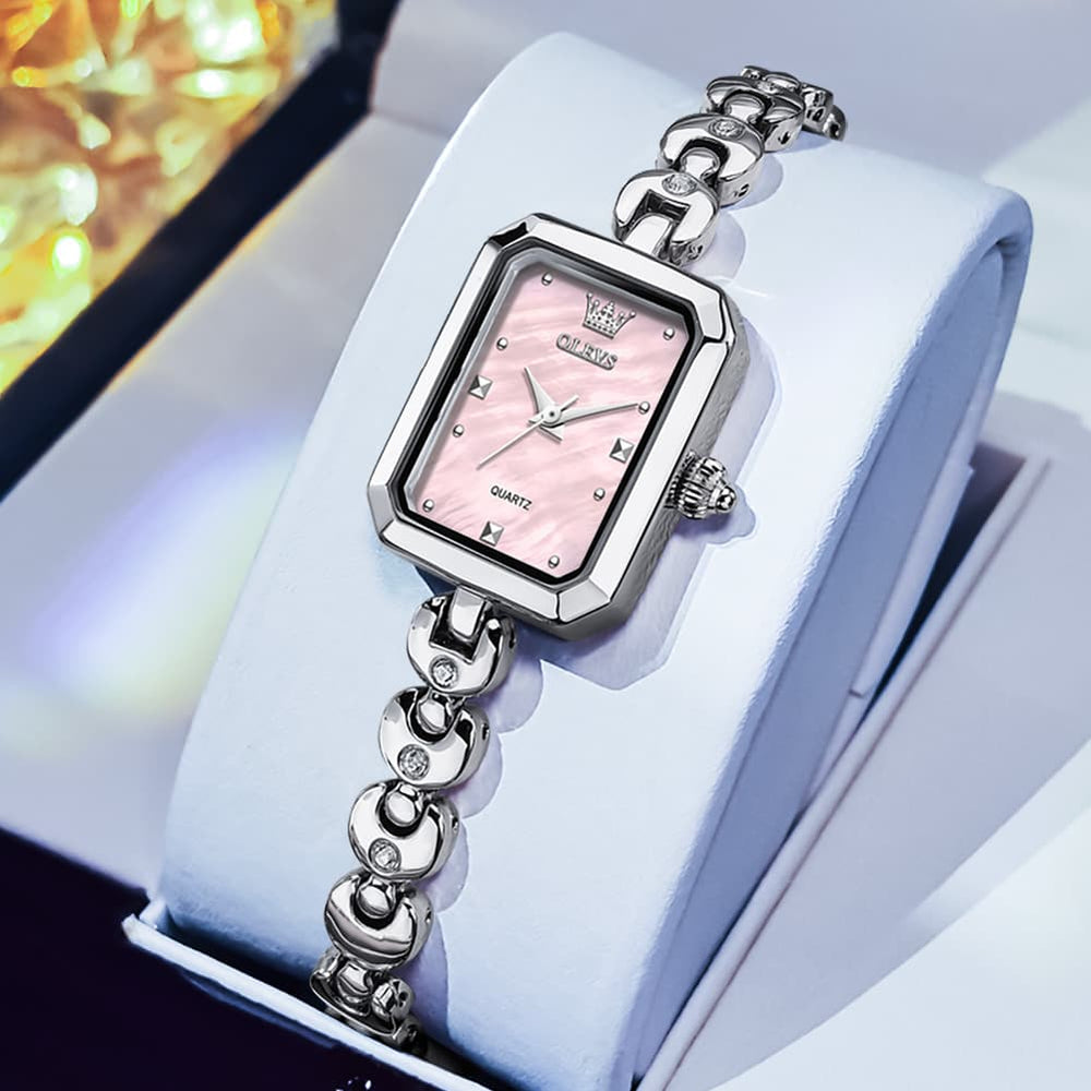 OLEVS 3665 Rectangular Mother of Pearl Jewelry Bracelet Watch For Women - Silver Pink Watch | Olevs Watch Store