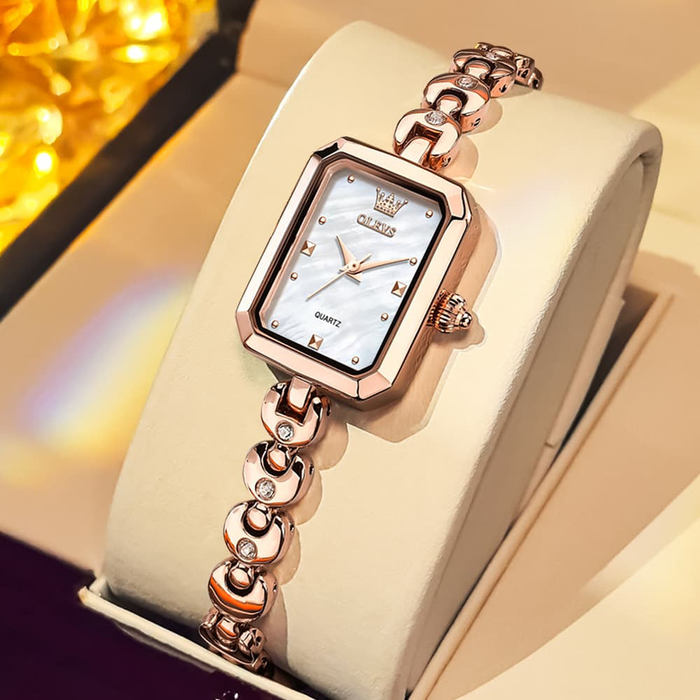 OLEVS 3665 Rectangular Mother of Pearl Jewelry Bracelet Watch For Women - Silver Pink Watch | Olevs Watch Store