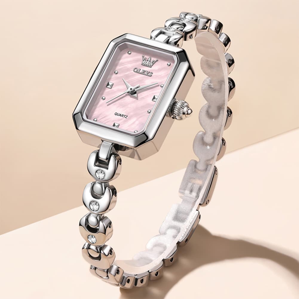 OLEVS 3665 Rectangular Mother of Pearl Jewelry Bracelet Watch For Women - Silver Pink Watch | Olevs Watch Store