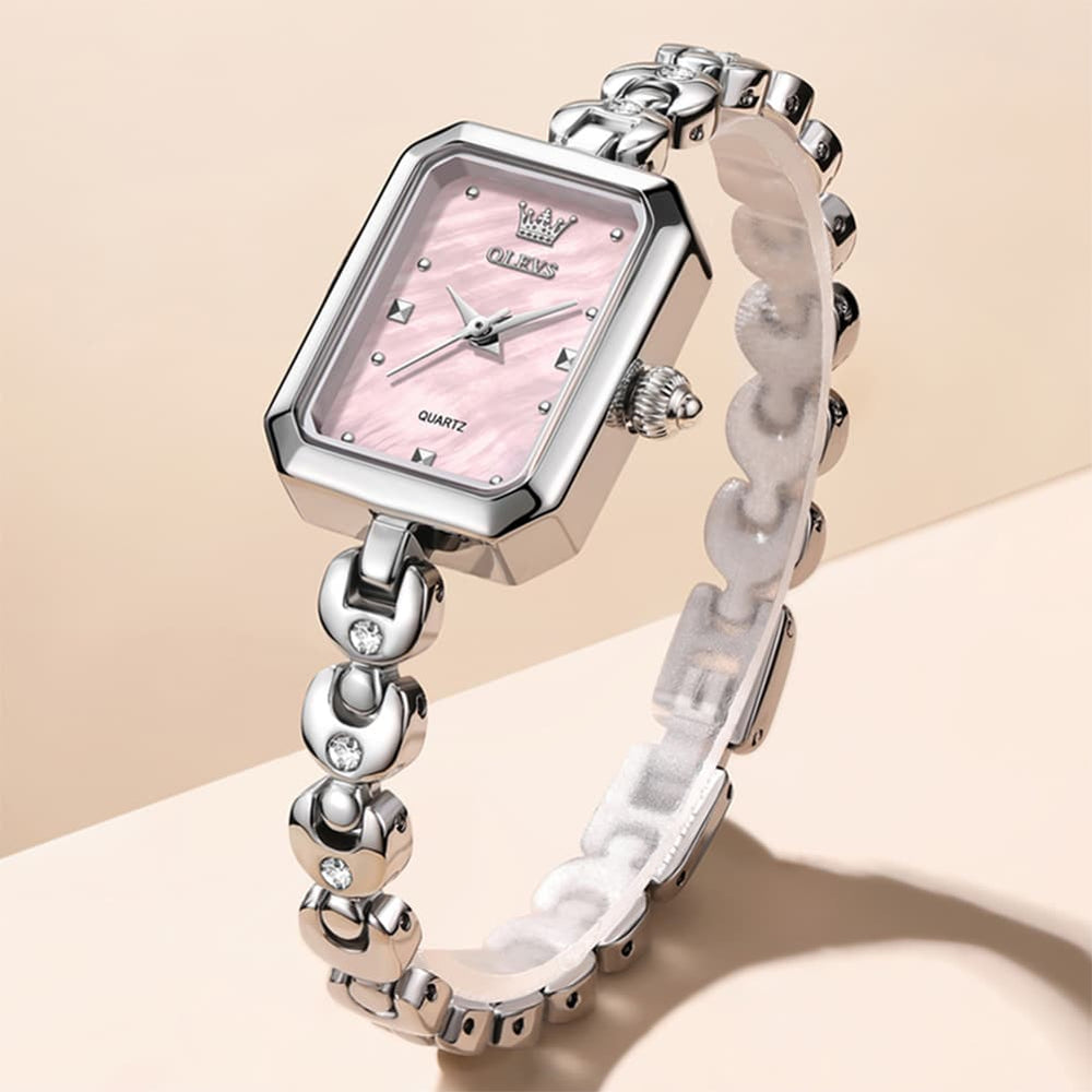 OLEVS 3665 Rectangular Mother of Pearl Jewelry Bracelet Watch For Women - Silver Pink Watch | Olevs Watch Store