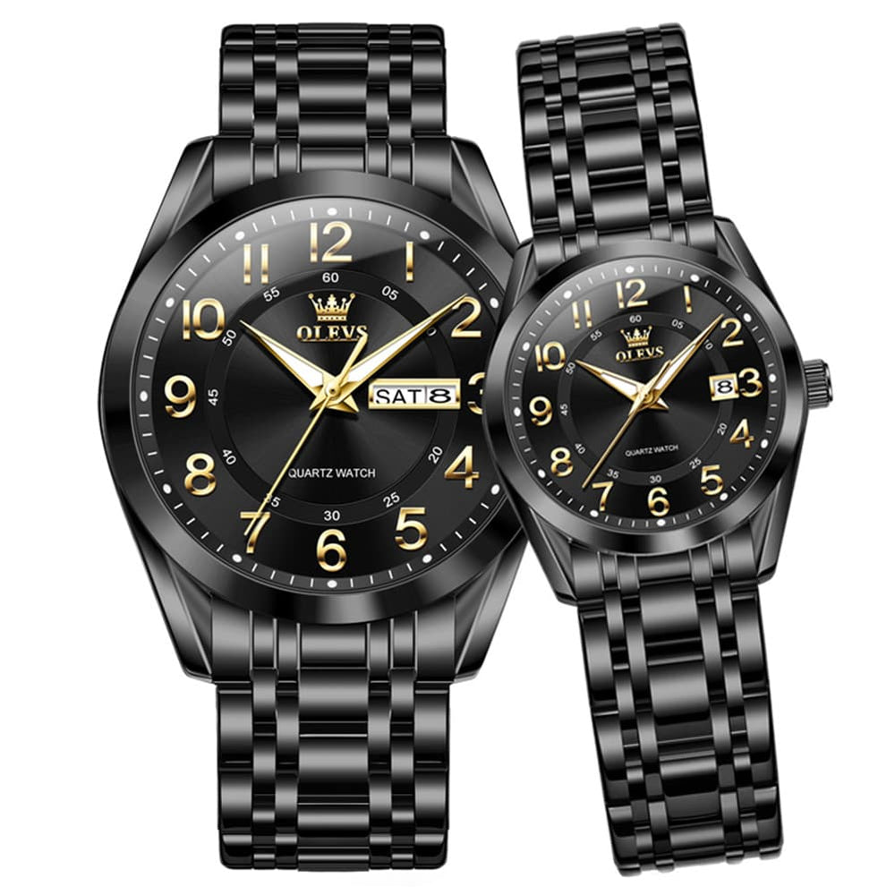 OLEVS 3666 Quartz Luminous Matching Watches For Couples - All Black Watch | Olevs Watch Store