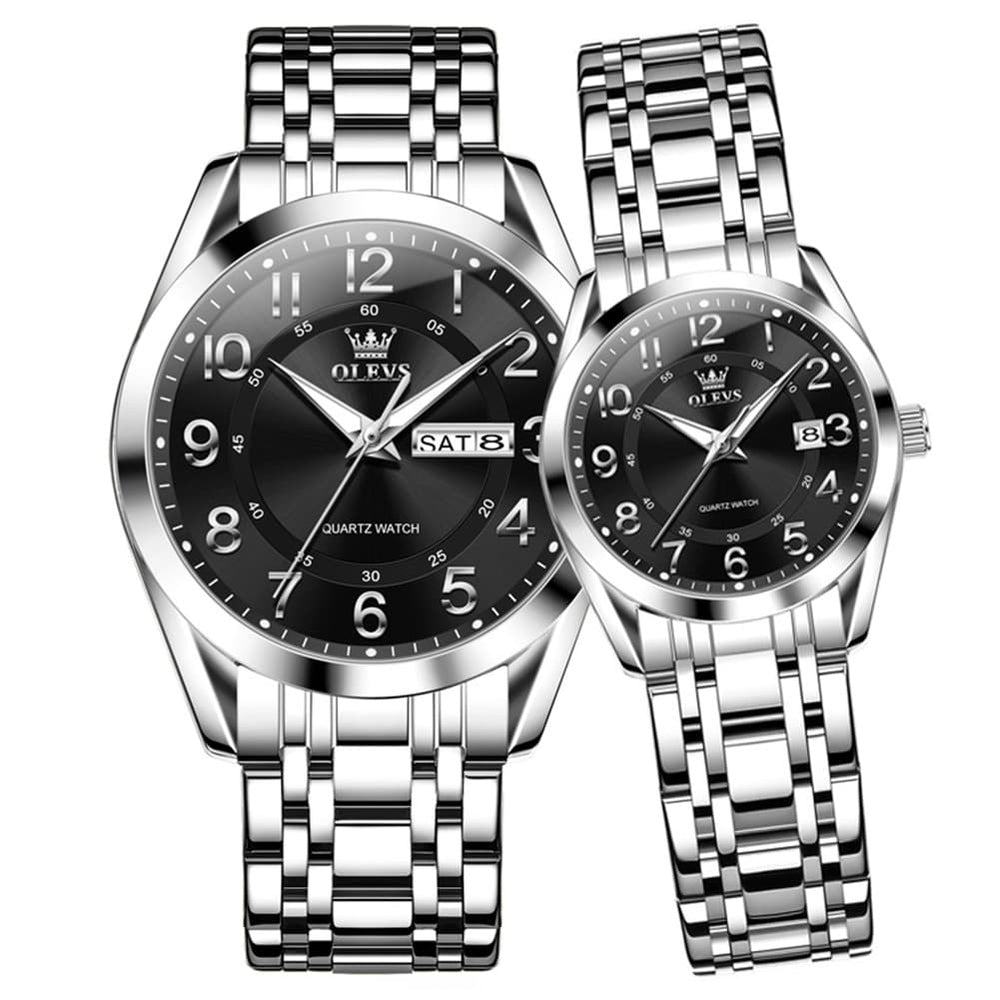 OLEVS 3666 Quartz Luminous Matching Watches For Couples - Silver Black Watch | Olevs Watch Store