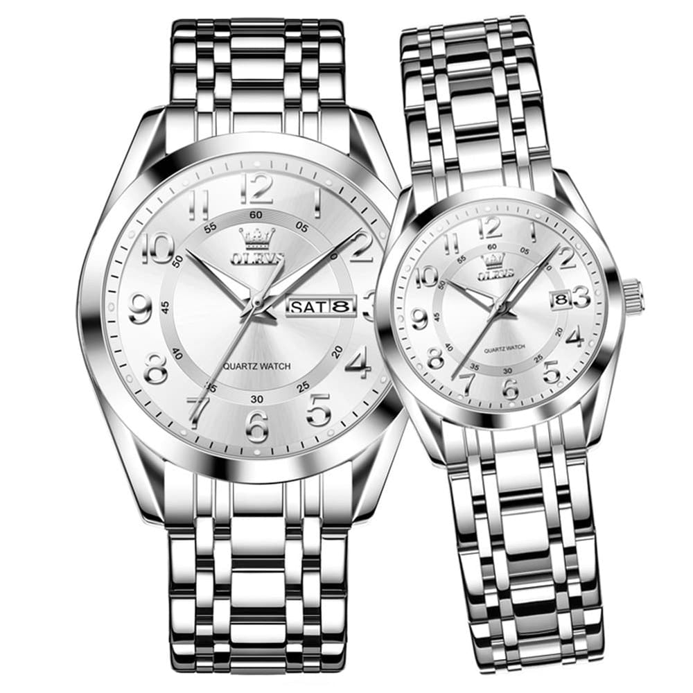 OLEVS 3666 Quartz Luminous Matching Watches For Couples - Silver White Watch | Olevs Watch Store