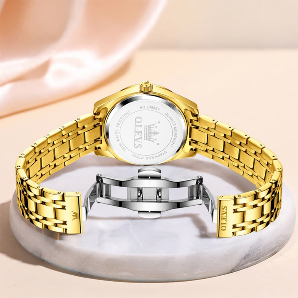 OLEVS 3666 Quartz Luminous Stainless Steel Watch For Women - All Gold Watch | Olevs Watch Store