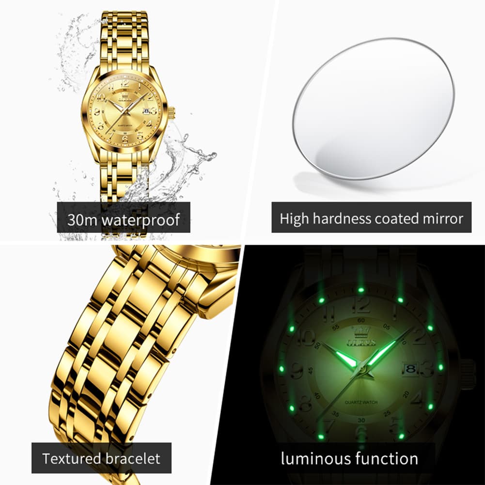 OLEVS 3666 Quartz Luminous Stainless Steel Watch For Women - All Gold Watch | Olevs Watch Store