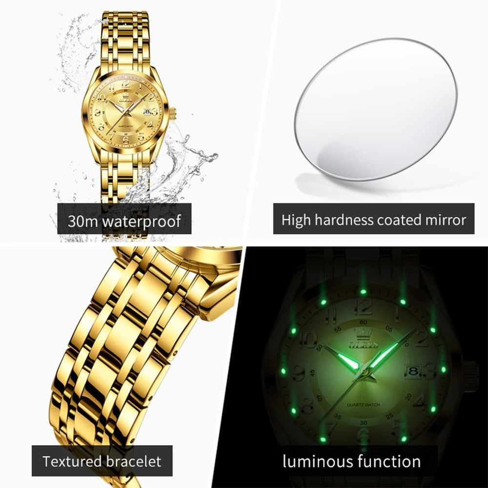 OLEVS 3666 Quartz Luminous Stainless Steel Watch For Women - All Gold Watch | Olevs Watch Store