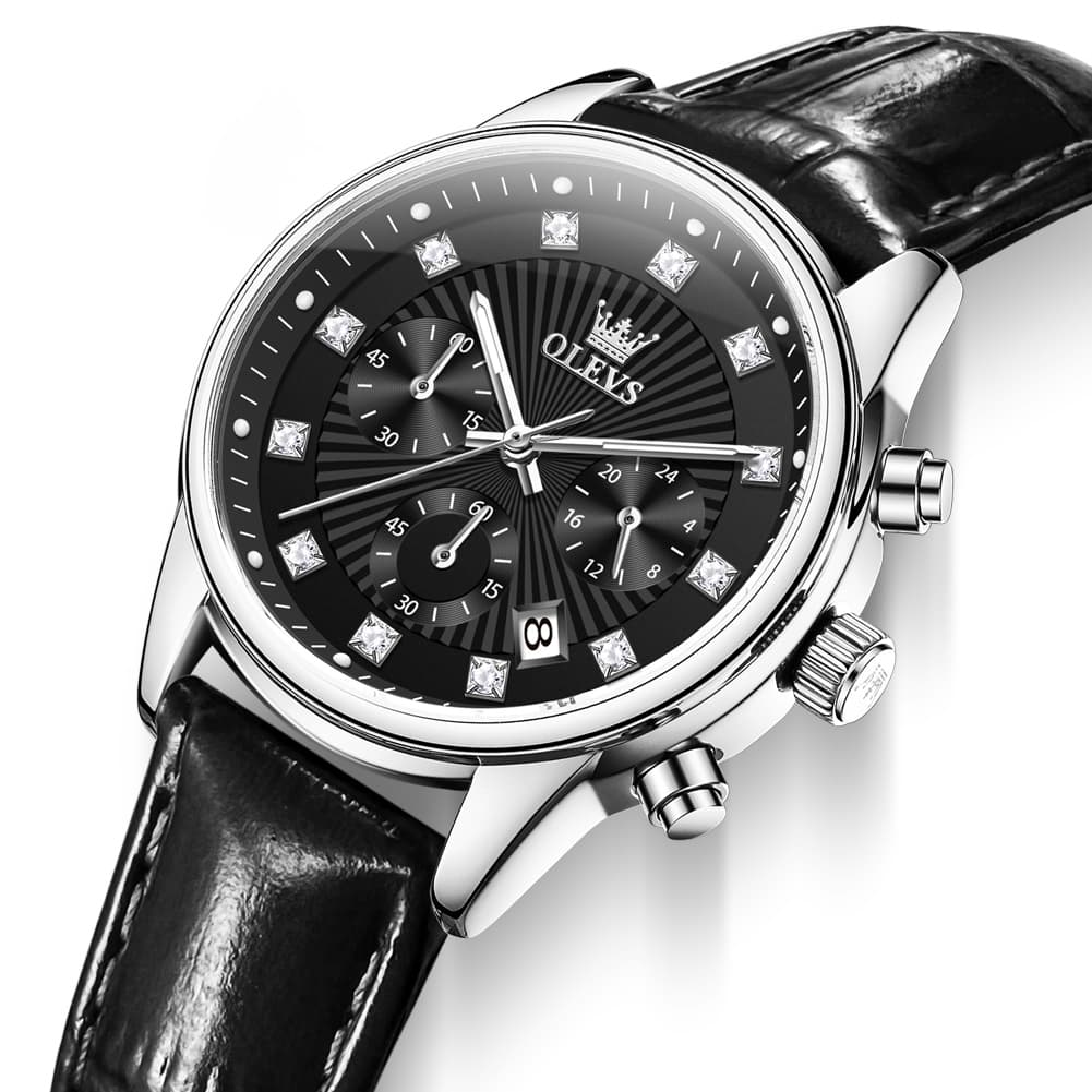 OLEVS 3669 Quartz Multi Dial Diamond Watch For Women - Leather Black Black Watch | Olevs Watch Store