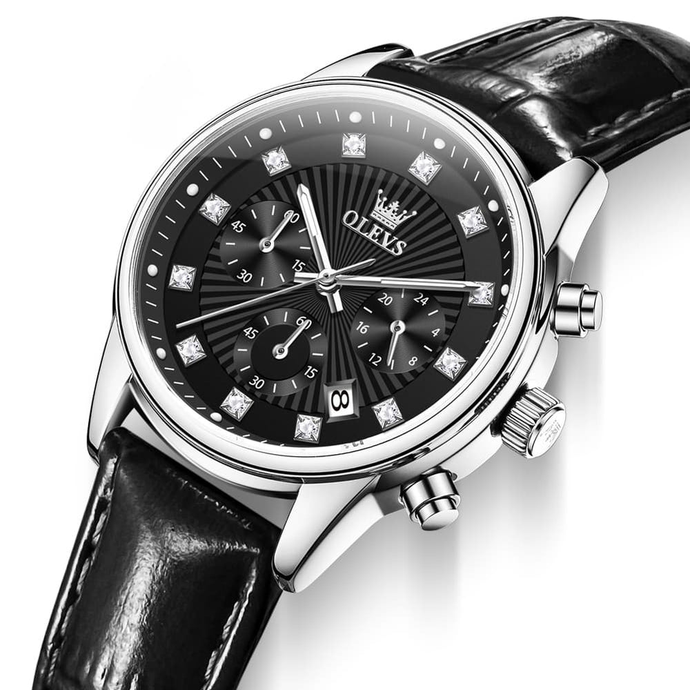 OLEVS 3669 Quartz Multi Dial Diamond Watch For Women - Leather Black Black Watch | Olevs Watch Store