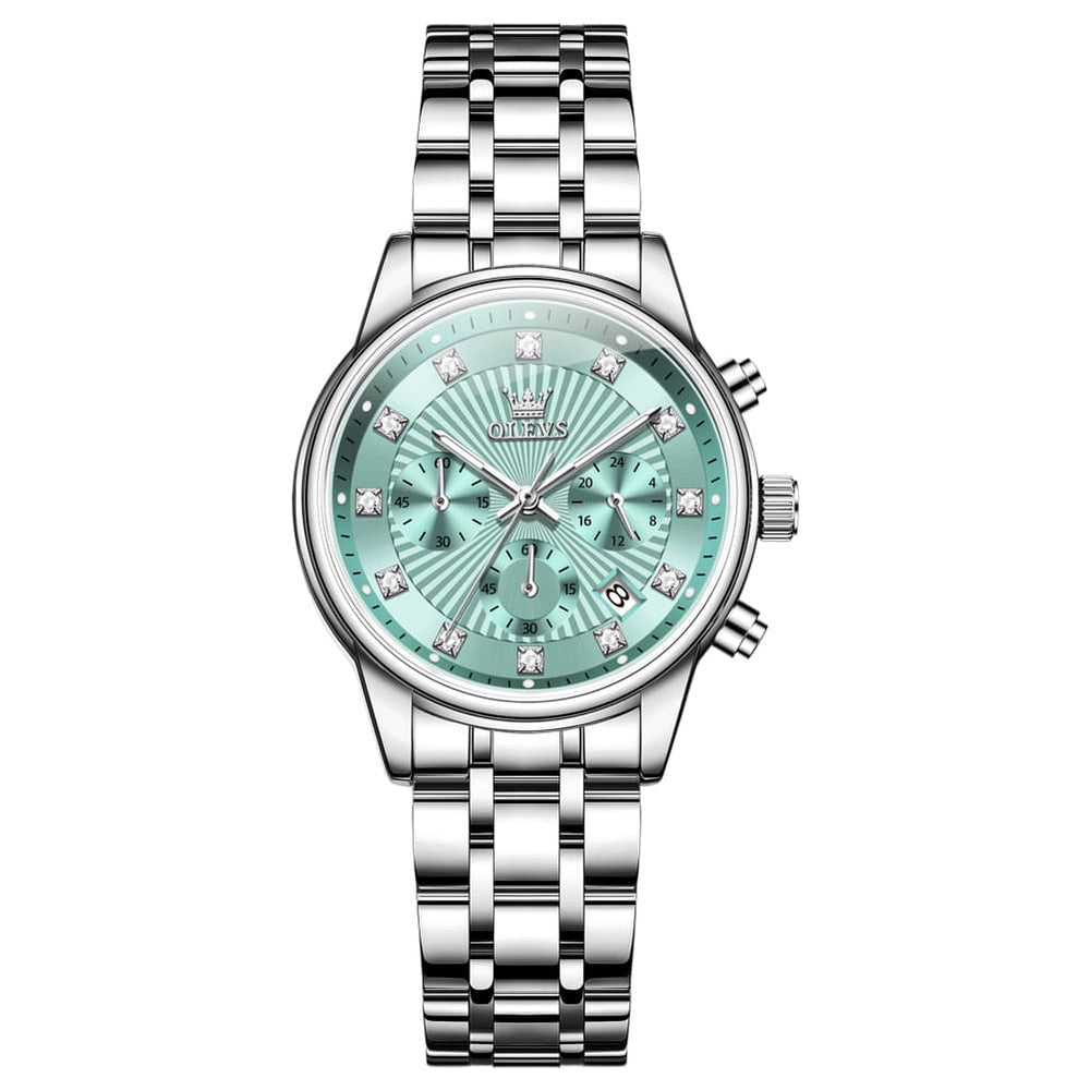 OLEVS 3669 Quartz Multi Dial Diamond Watch For Women - Leather Black White Watch | Olevs Watch Store