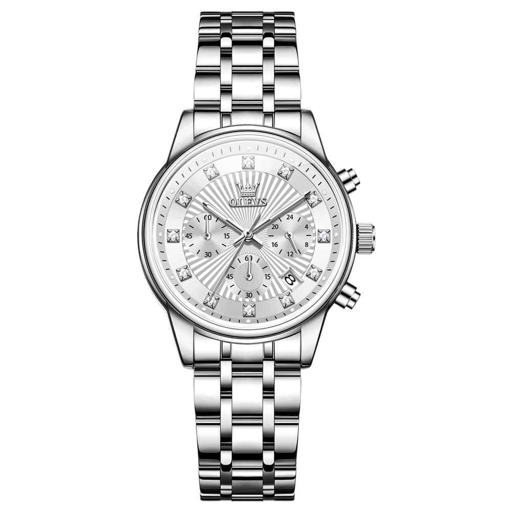 OLEVS 3669 Quartz Multi Dial Diamond Watch For Women - Leather Black White Watch | Olevs Watch Store