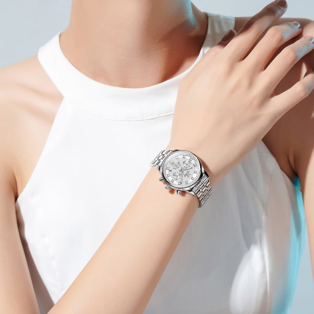 OLEVS 3669 Quartz Multi Dial Diamond Watch For Women - Leather Black White Watch | Olevs Watch Store