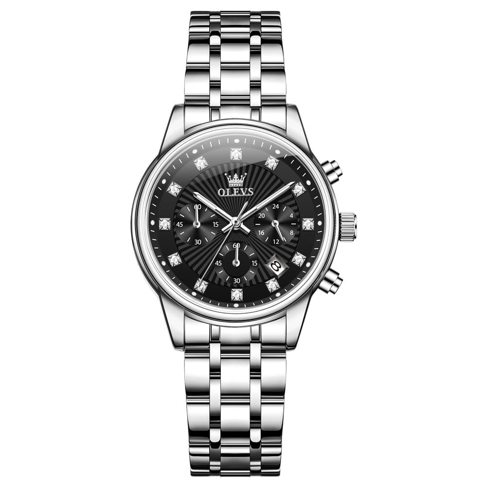 OLEVS 3669 Quartz Multi Dial Diamond Watch For Women - Leather Black White Watch | Olevs Watch Store