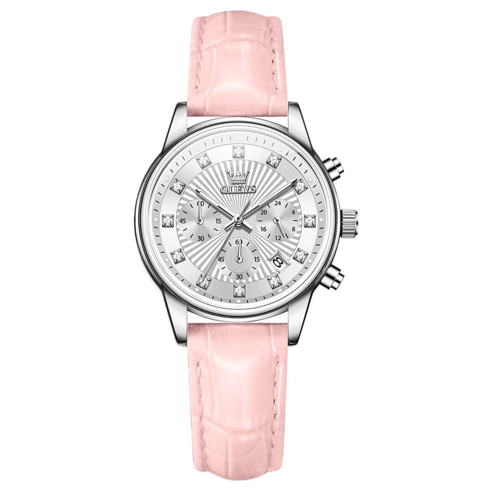 OLEVS 3669 Quartz Multi Dial Diamond Watch For Women - Leather Black White Watch | Olevs Watch Store