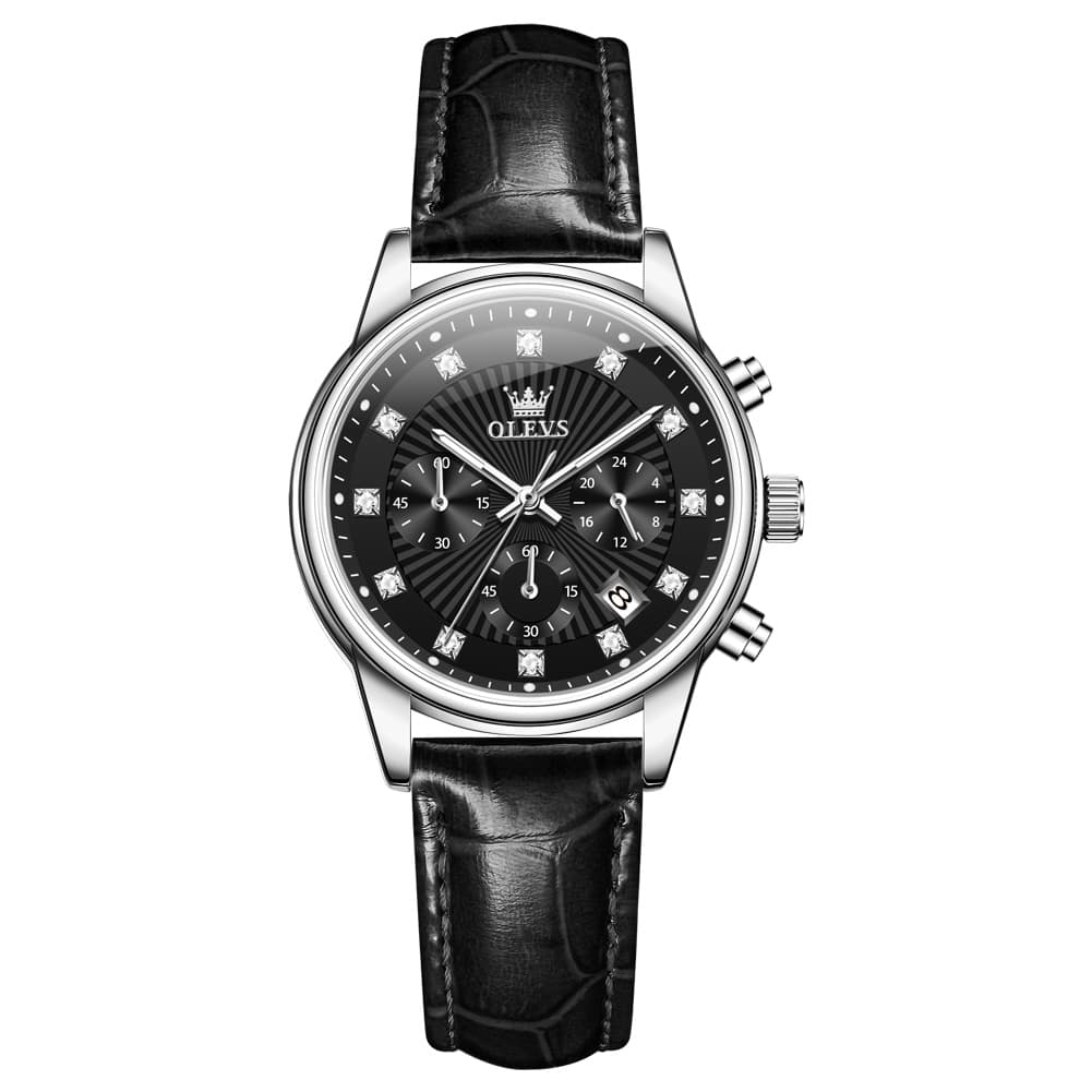 OLEVS 3669 Quartz Multi Dial Diamond Watch For Women - Leather Black White Watch | Olevs Watch Store