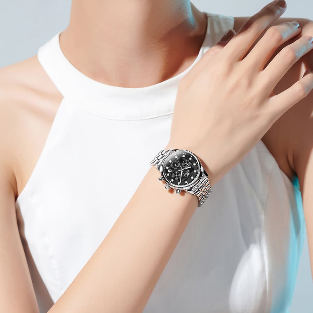 OLEVS 3669 Quartz Multi Dial Diamond Watch For Women - Leather Black White Watch | Olevs Watch Store