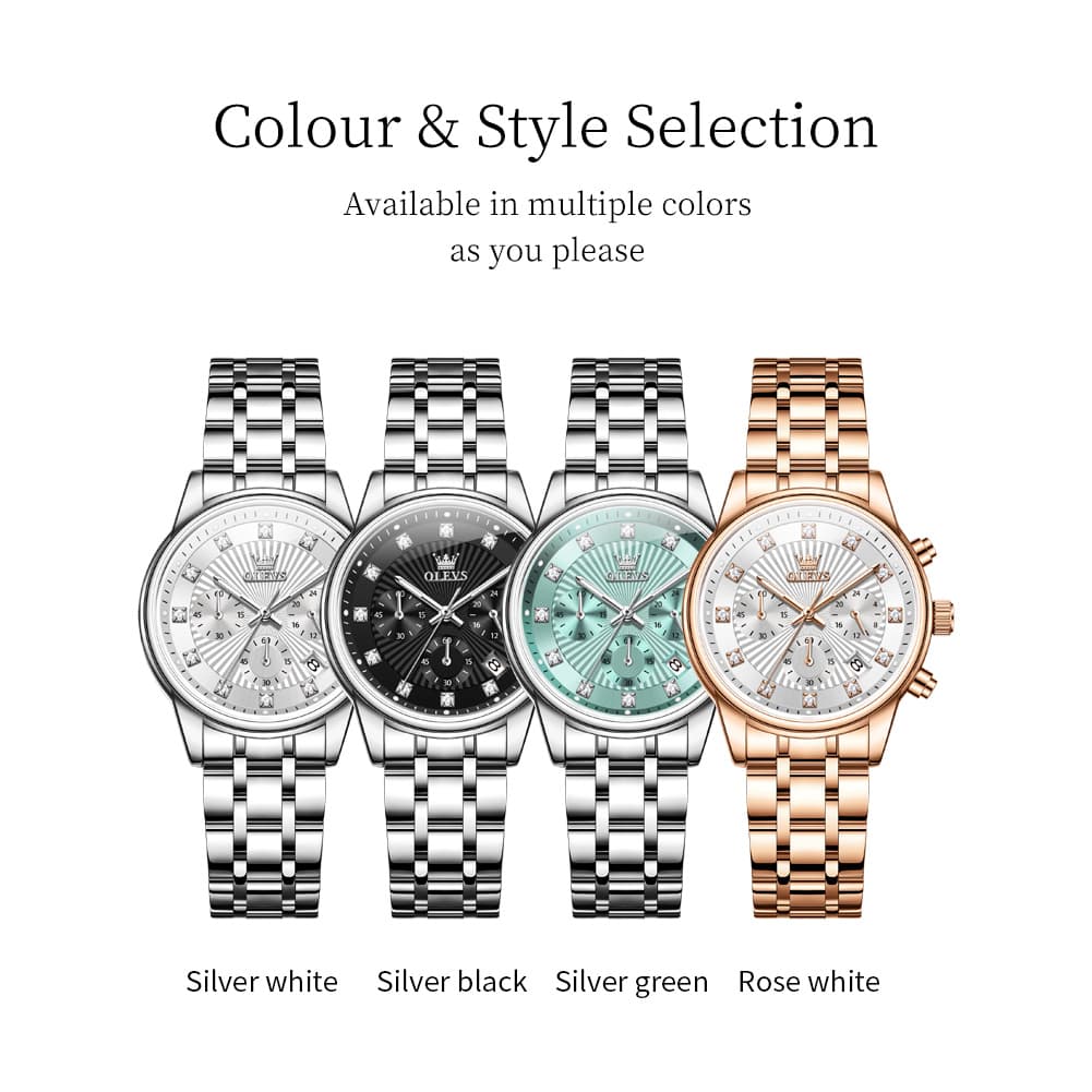 OLEVS 3669 Quartz Multi Dial Diamond Watch For Women - Leather Black White Watch | Olevs Watch Store