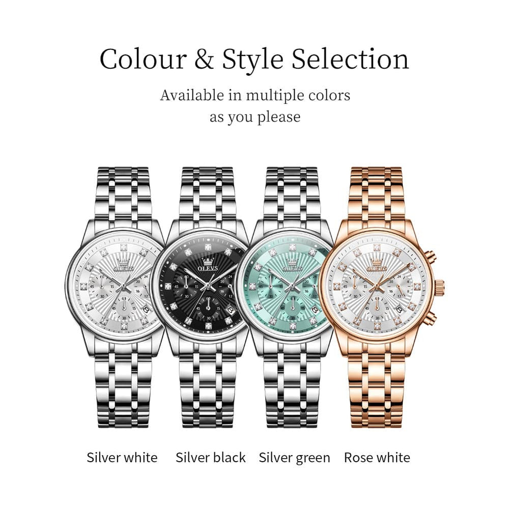 OLEVS 3669 Quartz Multi Dial Diamond Watch For Women - Leather Black White Watch | Olevs Watch Store