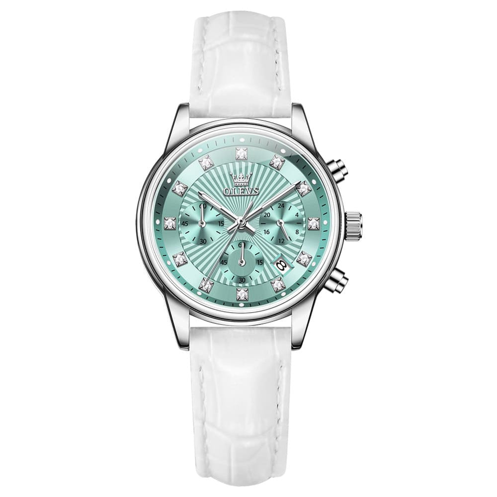 OLEVS 3669 Quartz Multi Dial Diamond Watch For Women - Leather Black White Watch | Olevs Watch Store