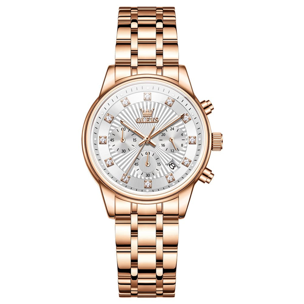 OLEVS 3669 Quartz Multi Dial Diamond Watch For Women - Leather Black White Watch | Olevs Watch Store