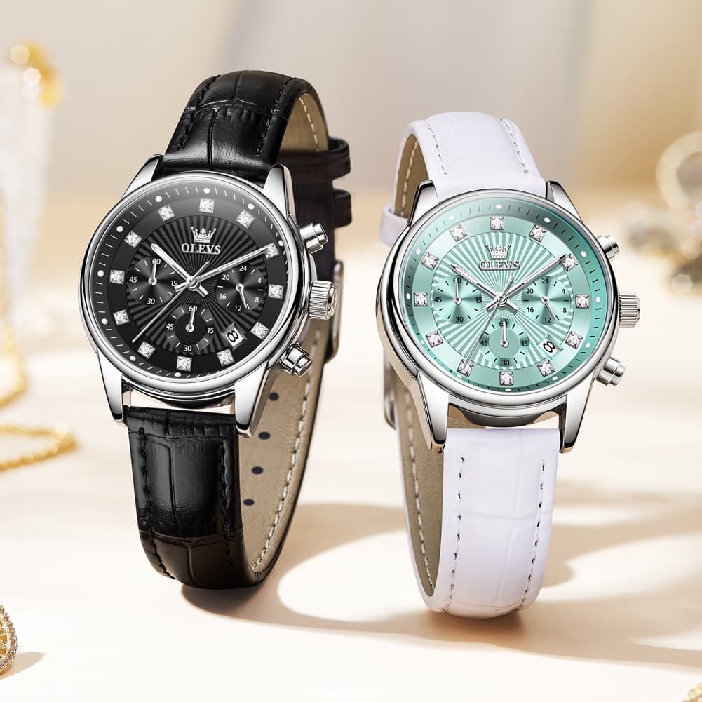 OLEVS 3669 Quartz Multi Dial Diamond Watch For Women - Leather Black White Watch | Olevs Watch Store