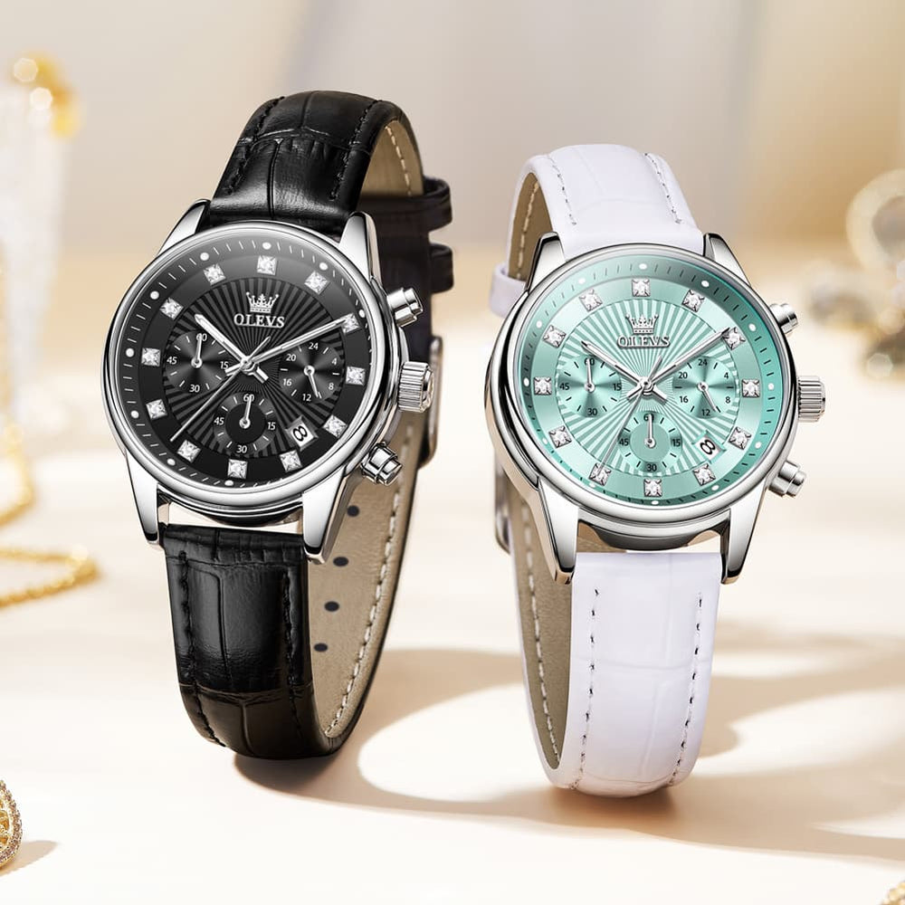 OLEVS 3669 Quartz Multi Dial Diamond Watch For Women - Leather Black White Watch | Olevs Watch Store