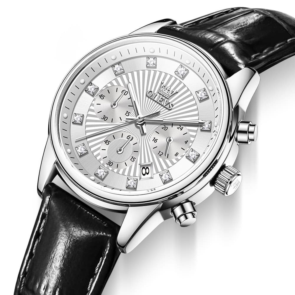OLEVS 3669 Quartz Multi Dial Diamond Watch For Women - Leather Black White Watch | Olevs Watch Store