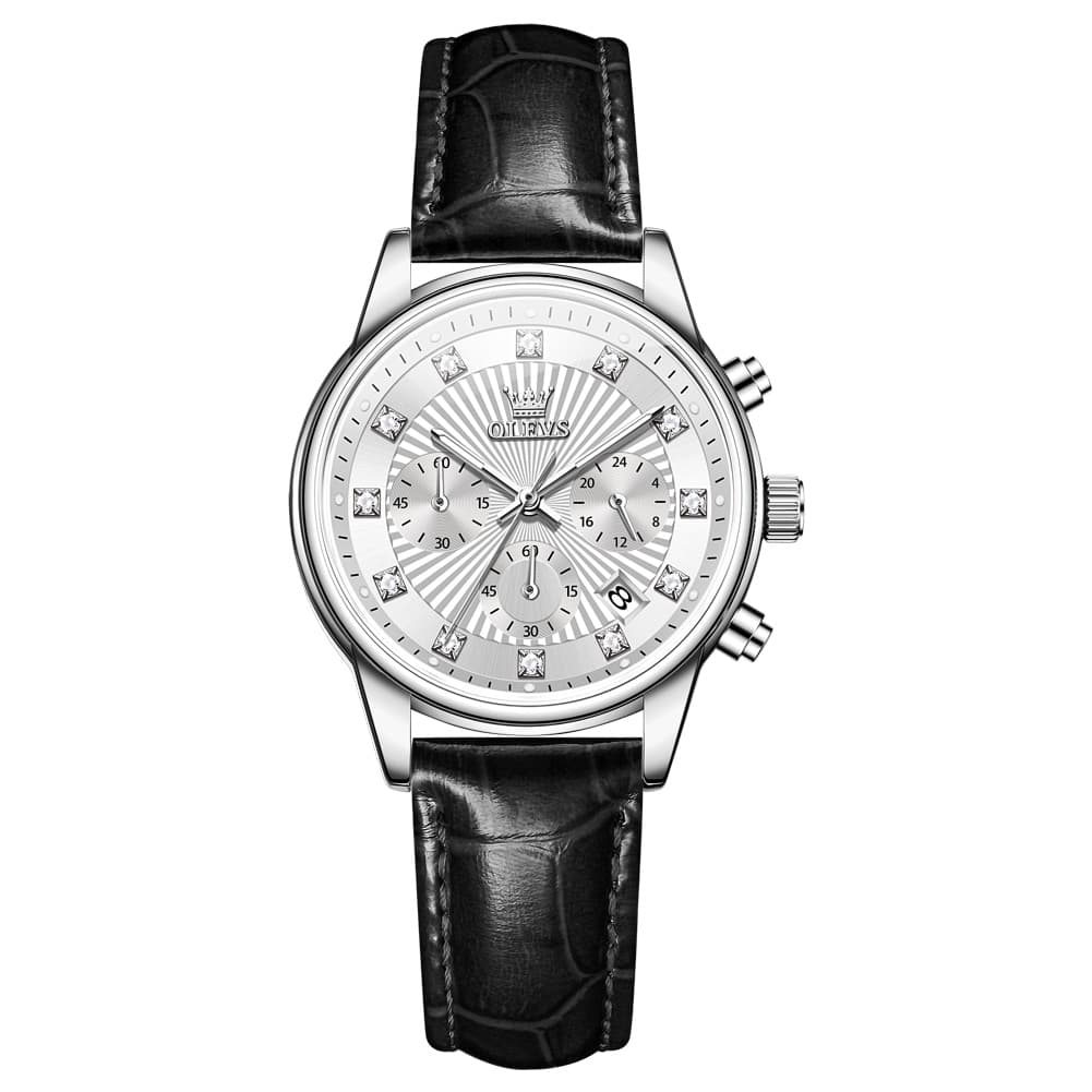 OLEVS 3669 Quartz Multi Dial Diamond Watch For Women - Leather Black White Watch | Olevs Watch Store