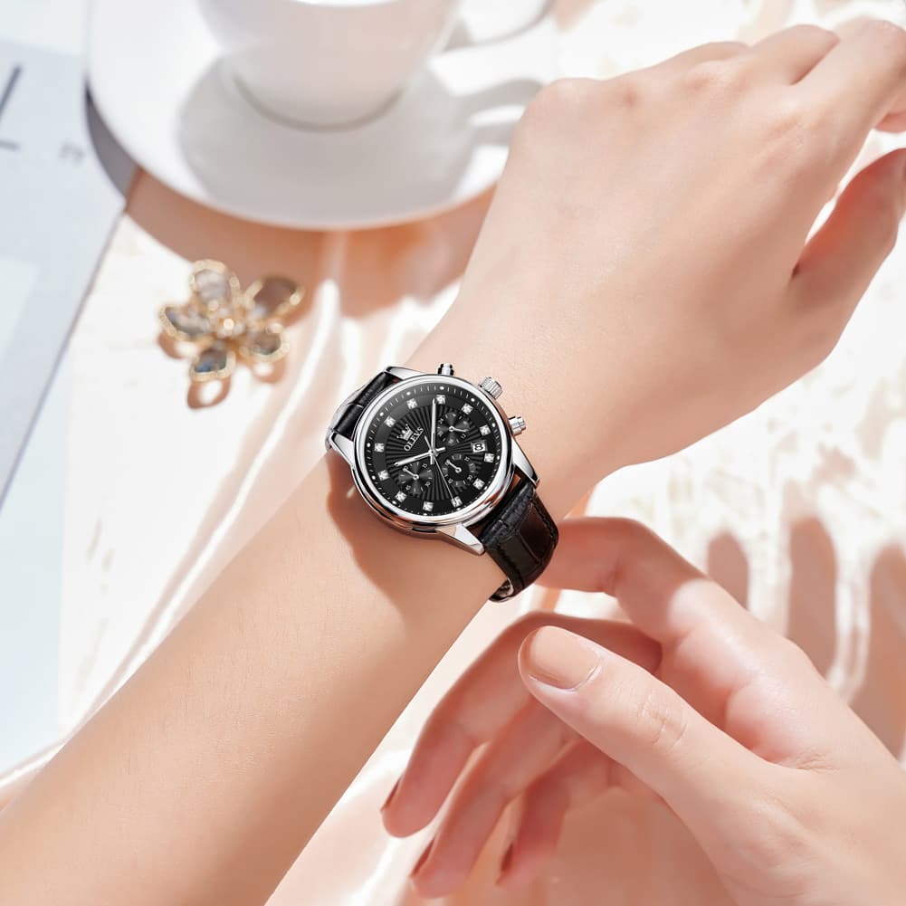 OLEVS 3669 Quartz Multi Dial Diamond Watch For Women - Leather Black White Watch | Olevs Watch Store