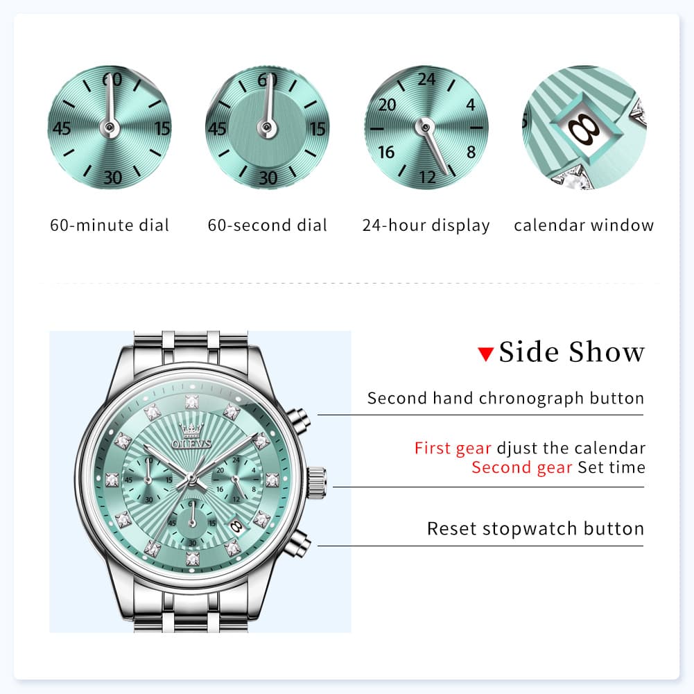 OLEVS 3669 Quartz Multi Dial Diamond Watch For Women - Leather Black White Watch | Olevs Watch Store