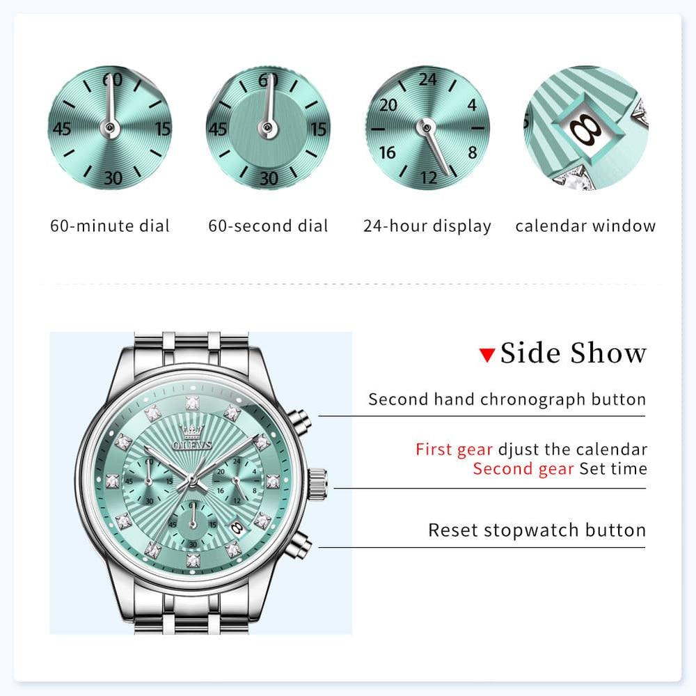 OLEVS 3669 Quartz Multi Dial Diamond Watch For Women - Leather Black White Watch | Olevs Watch Store