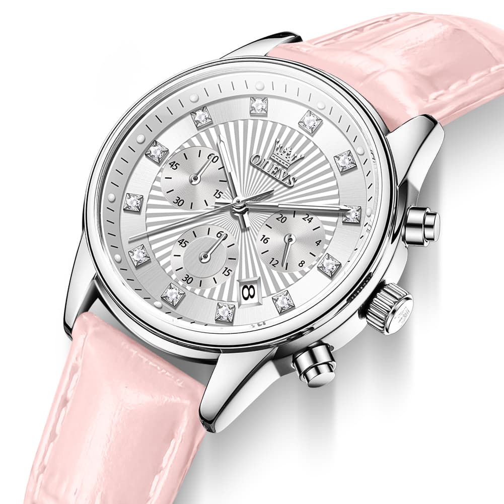 OLEVS 3669 Quartz Multi Dial Diamond Watch For Women - Leather Pink White Watch | Olevs Watch Store