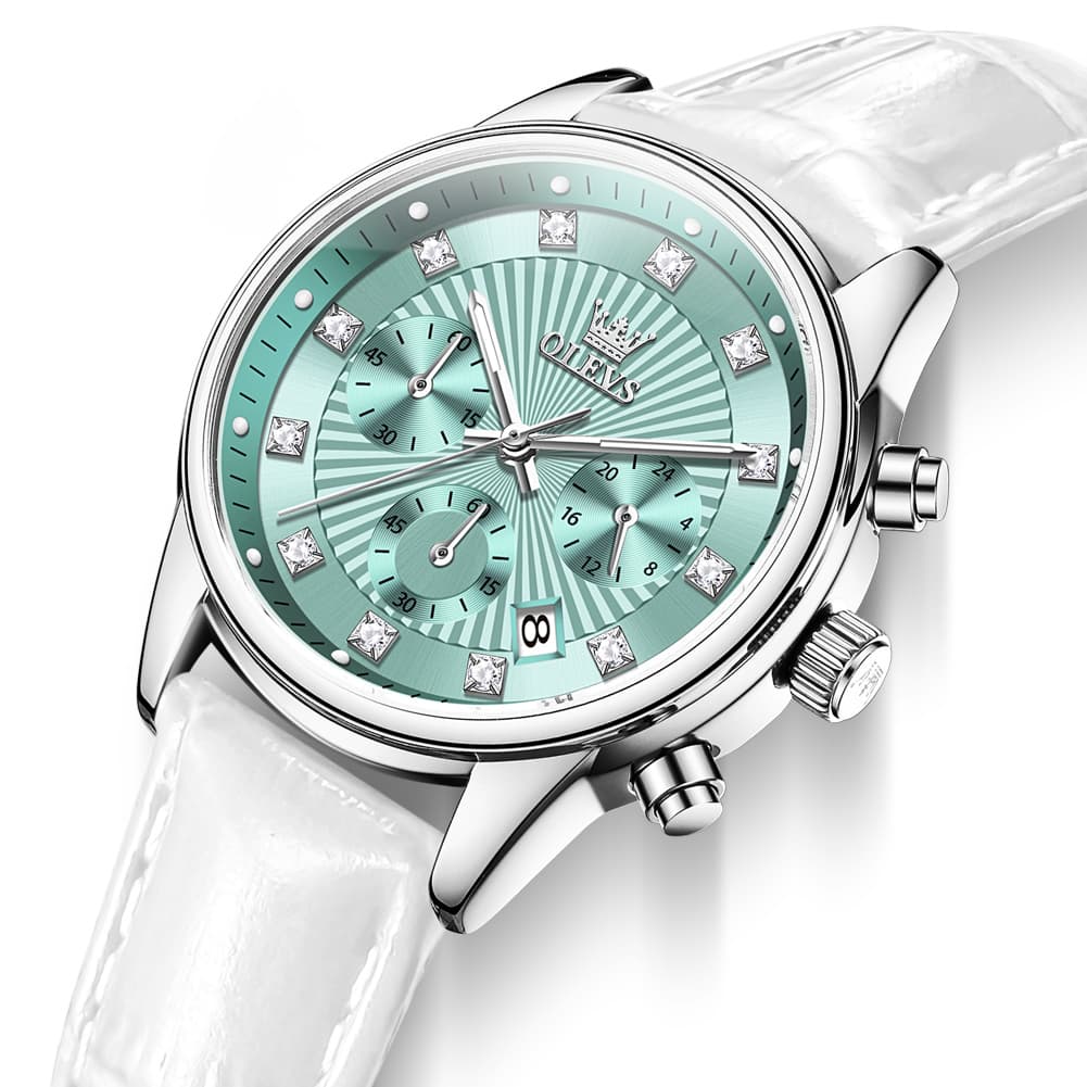 OLEVS 3669 Quartz Multi Dial Diamond Watch For Women - Leather White Green Watch | Olevs Watch Store