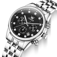 OLEVS 3669 Quartz Multi Dial Diamond Watch For Women - Steel Silver Black Watch | Olevs Watch Store