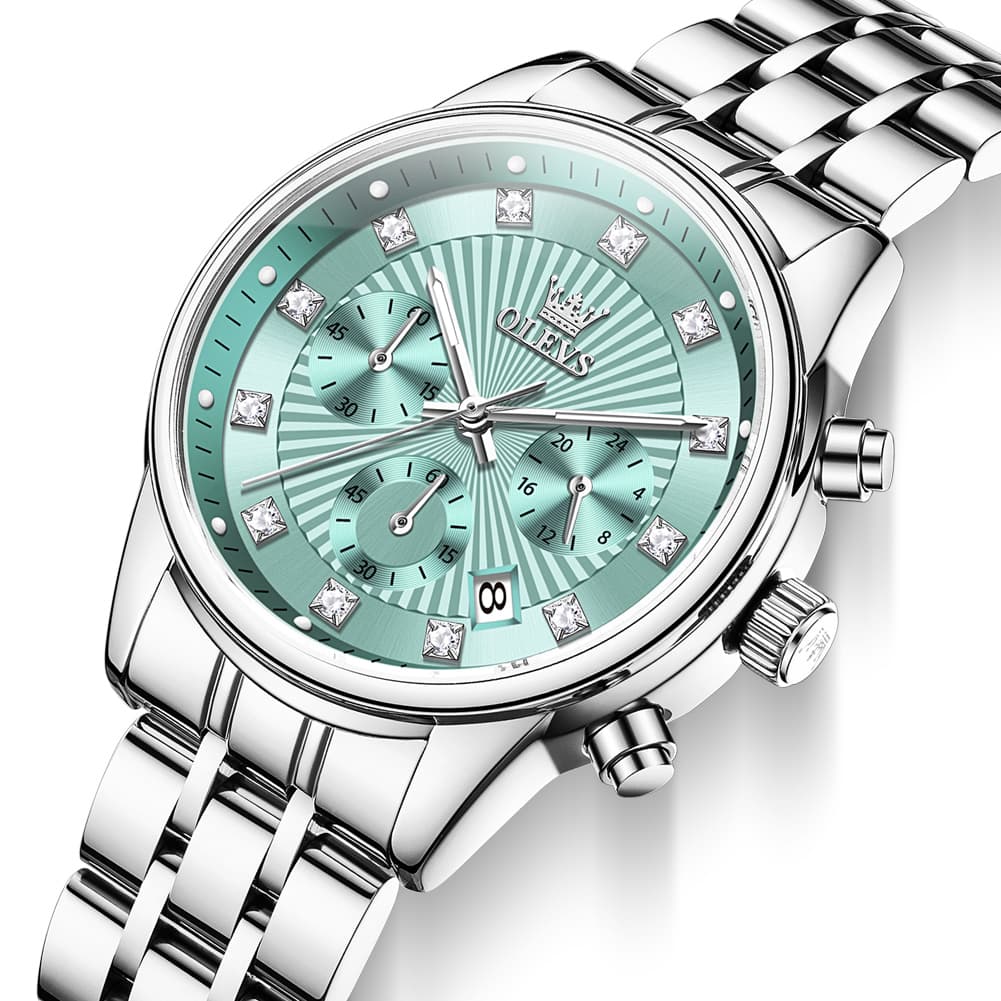 OLEVS 3669 Quartz Multi Dial Diamond Watch For Women - Steel Silver Green Watch | Olevs Watch Store